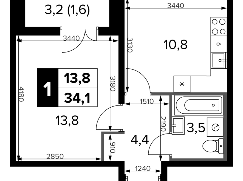 1 room apartment 34 m² Leninsky District, Russia