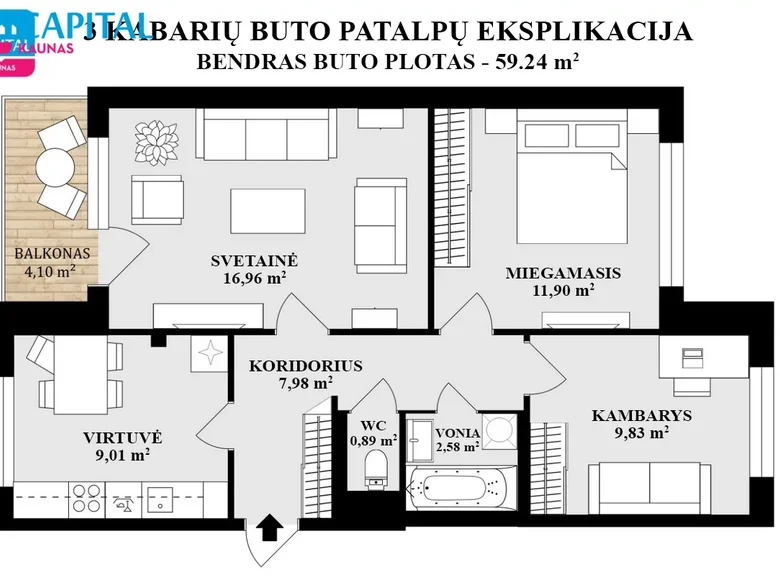 Mieszkanie 3 pokoi 59 m² Kowno, Litwa