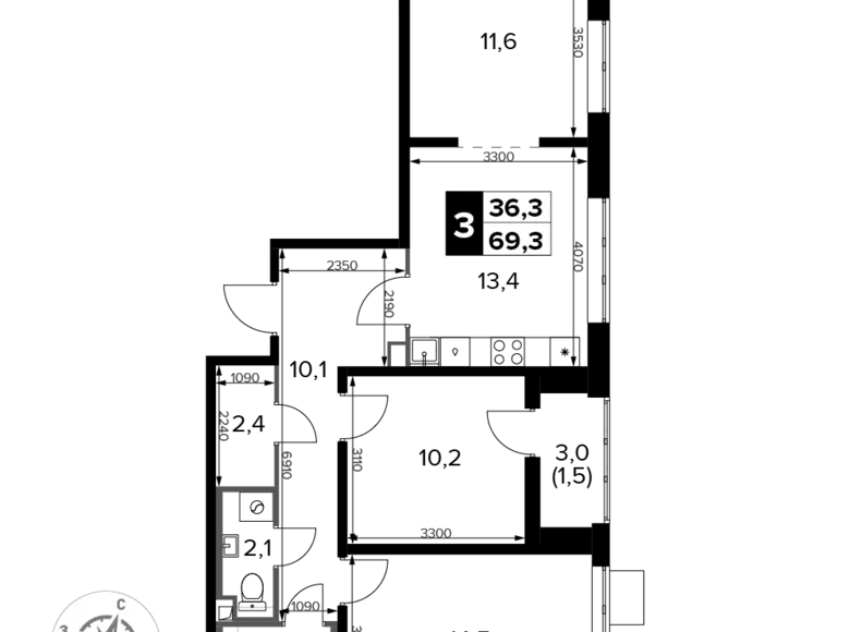 Appartement 3 chambres 69 m² Sapronovo, Russie