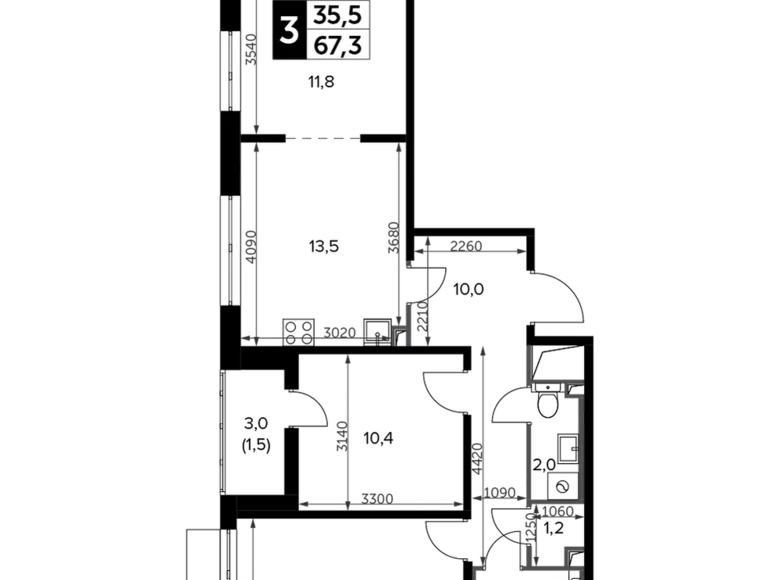 3 room apartment 67 m² Leninsky District, Russia
