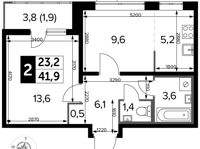 2 room apartment 42 m² Lyubertsy, Russia