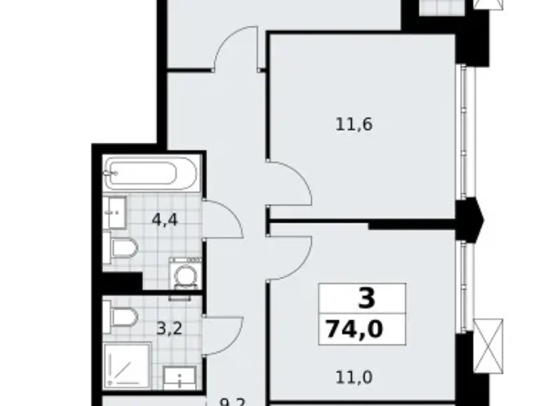 3 room apartment 74 m² Troitsk, Russia