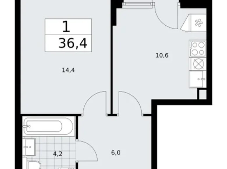 1 room apartment 36 m² Troitsk, Russia