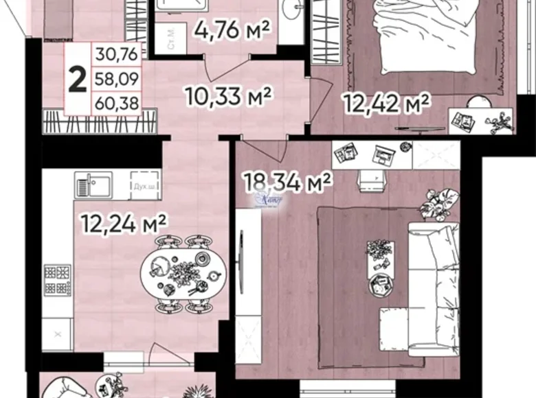 2 room apartment 60 m² Kaliningrad, Russia