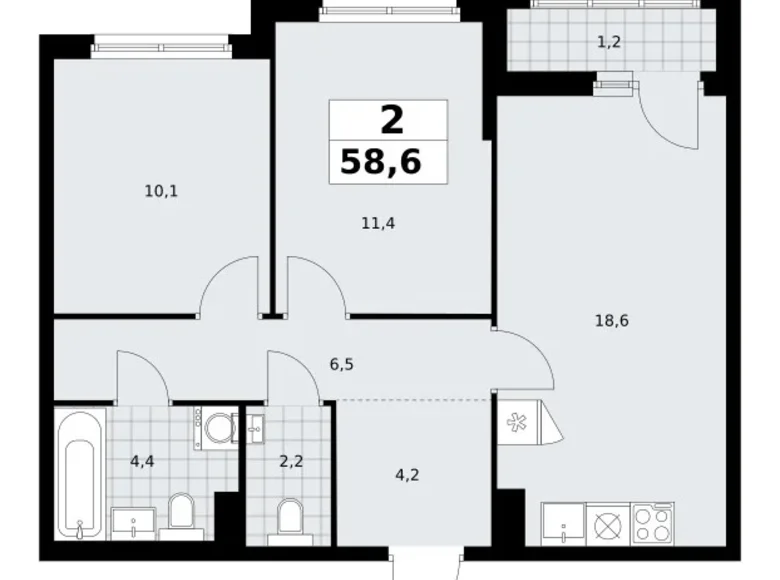 2 room apartment 59 m² Troitsk, Russia