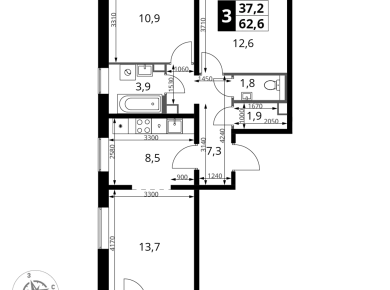 Mieszkanie 3 pokoi 63 m² Leninsky District, Rosja