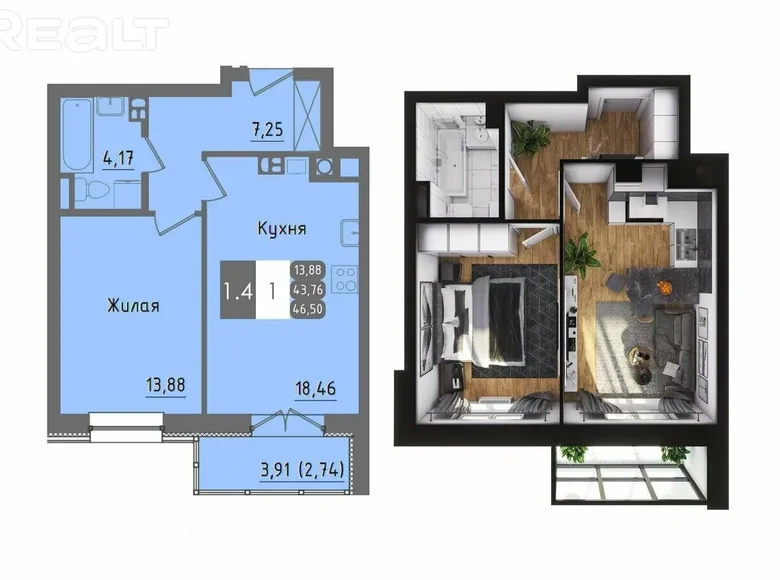 Wohnung 2 zimmer 47 m² Matschulischtschy, Belarus