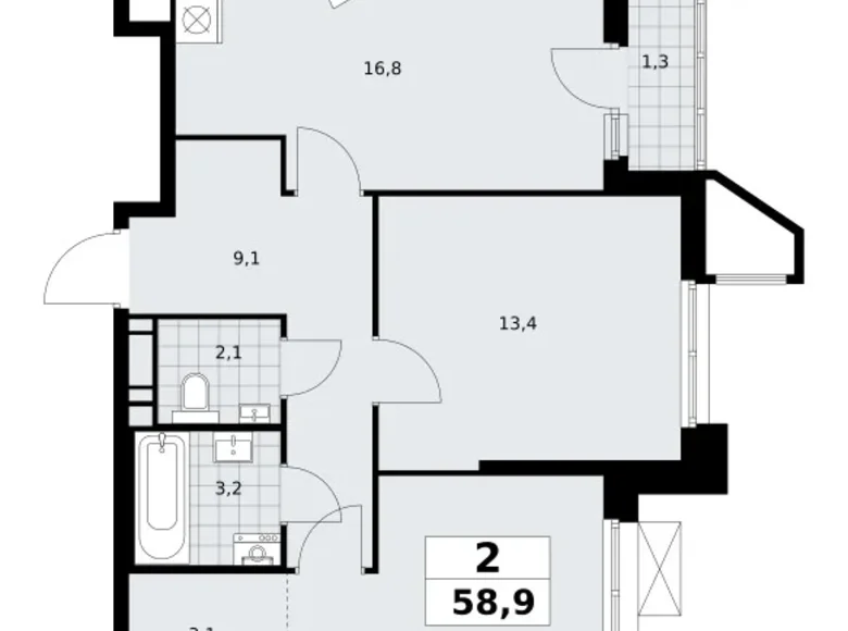 2 room apartment 59 m² Kommunarka, Russia