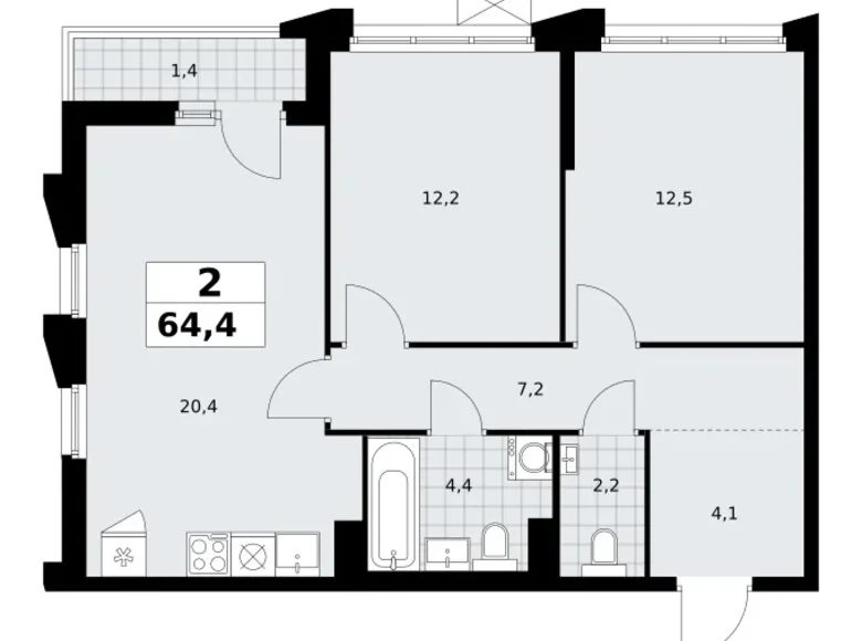 Appartement 2 chambres 64 m² Troïtsk, Russie