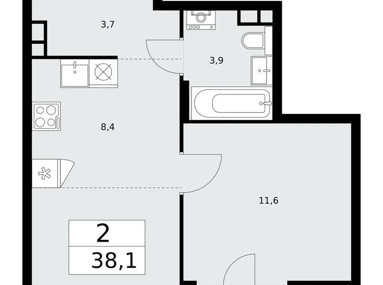 2 room apartment 38 m² Troitsk, Russia