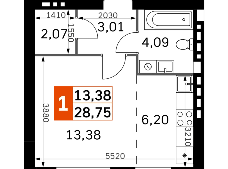 Студия 1 комната 29 м² Одинцовский городской округ, Россия