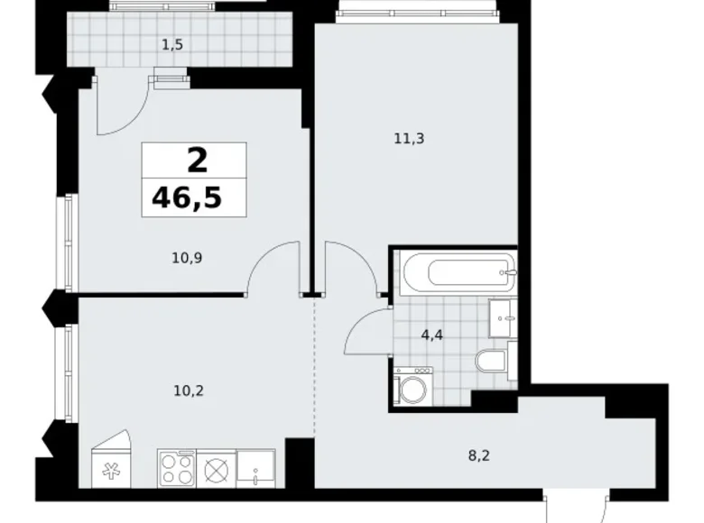 2 room apartment 47 m² Troitsk, Russia