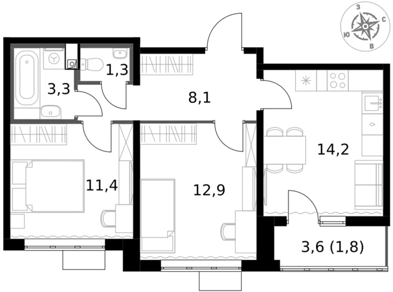 2 room apartment 53 m² Leninsky District, Russia