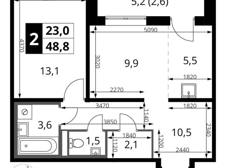 2 room apartment 49 m² Sapronovo, Russia