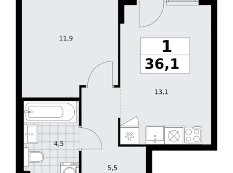 Apartamento 1 habitación 36 m² Troitsk, Rusia