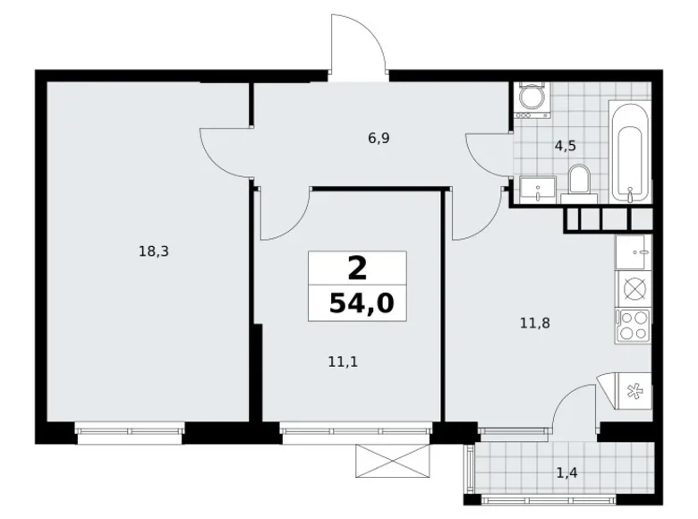 2 room apartment 54 m² Moscow, Russia