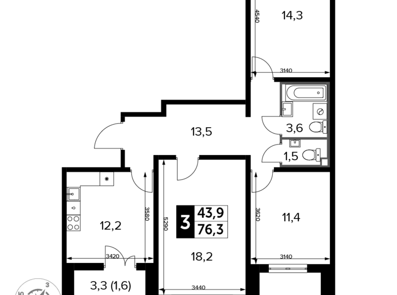 3 room apartment 76 m² Leninsky District, Russia