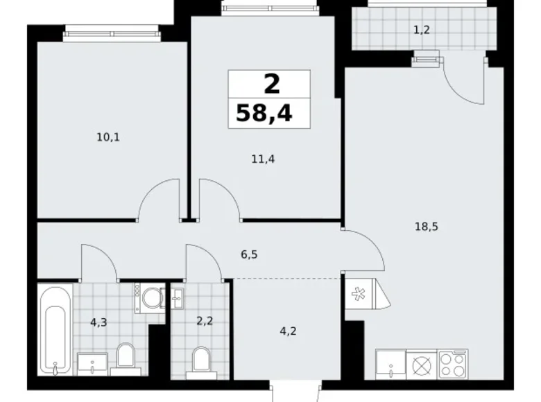2 room apartment 58 m² Troitsk, Russia