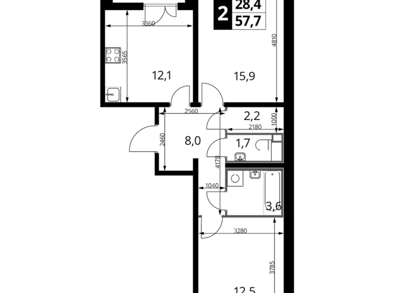 2 room apartment 58 m² Lyubertsy, Russia
