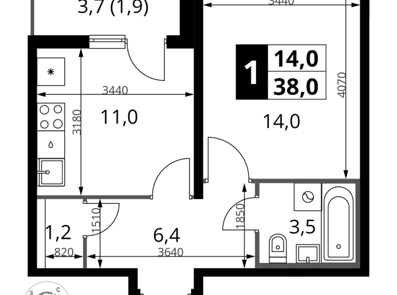 Wohnung 1 zimmer 38 m² Leninsky District, Russland