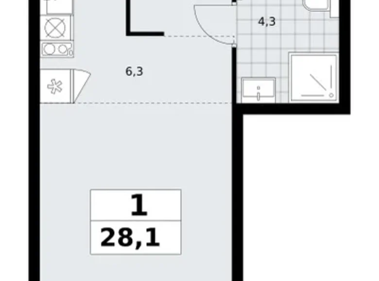 1 room apartment 28 m² Troitsk, Russia