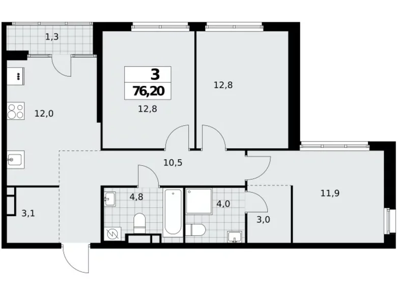 3 room apartment 76 m² Moscow, Russia