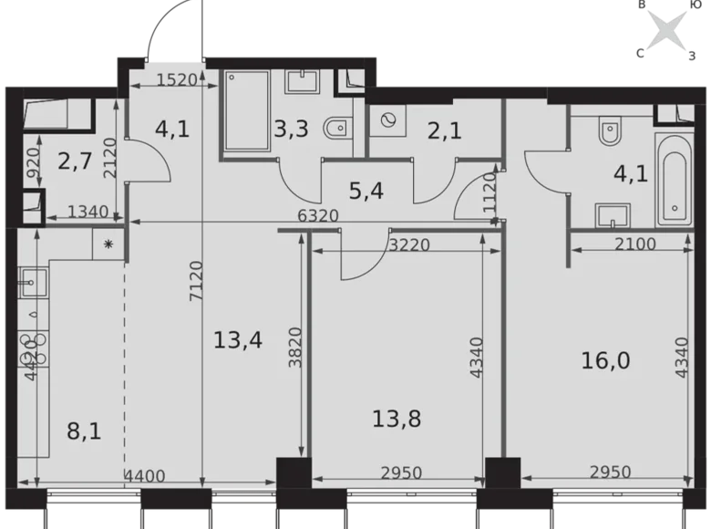 3 room apartment 73 m² Moscow, Russia