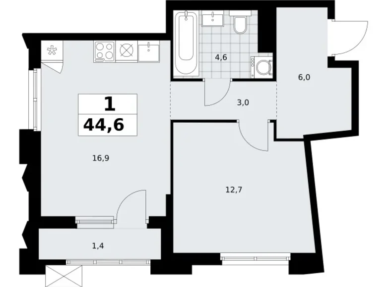 Квартира 1 комната 45 м² район Троицк, Россия