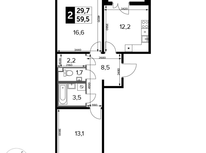 2 room apartment 59 m² Moscow, Russia