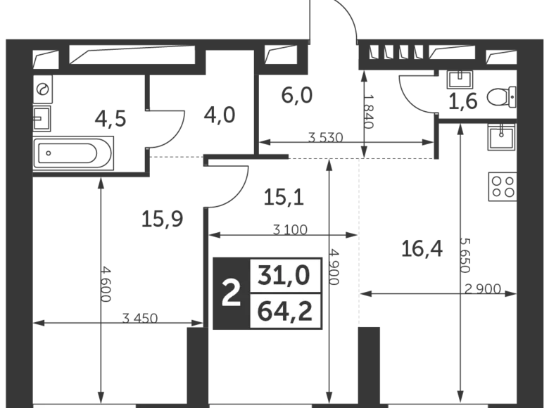Appartement 2 chambres 64 m² Moscou, Russie