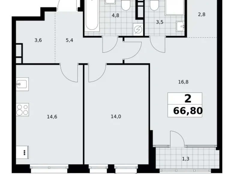 2 room apartment 67 m² Moscow, Russia