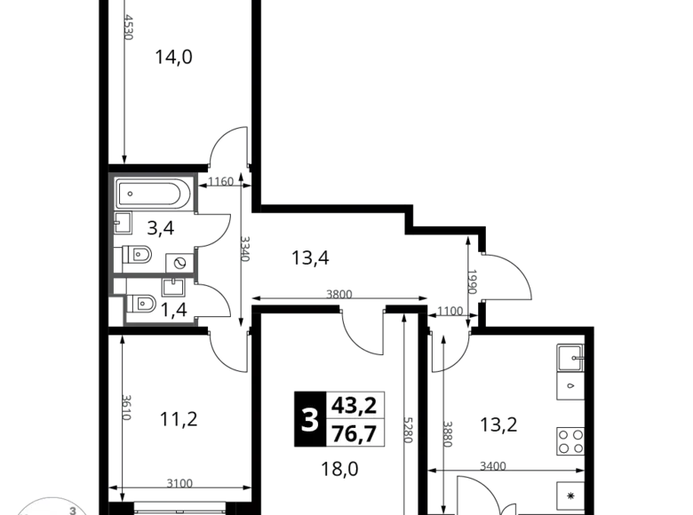 Mieszkanie 3 pokoi 77 m² Leninsky District, Rosja