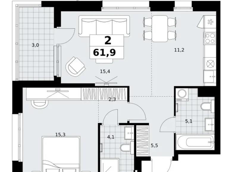 Appartement 2 chambres 62 m² Kommunarka, Russie