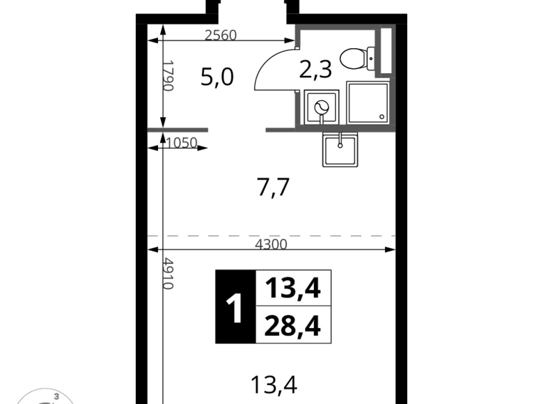 Студия 1 комната 28 м² Сапроново, Россия