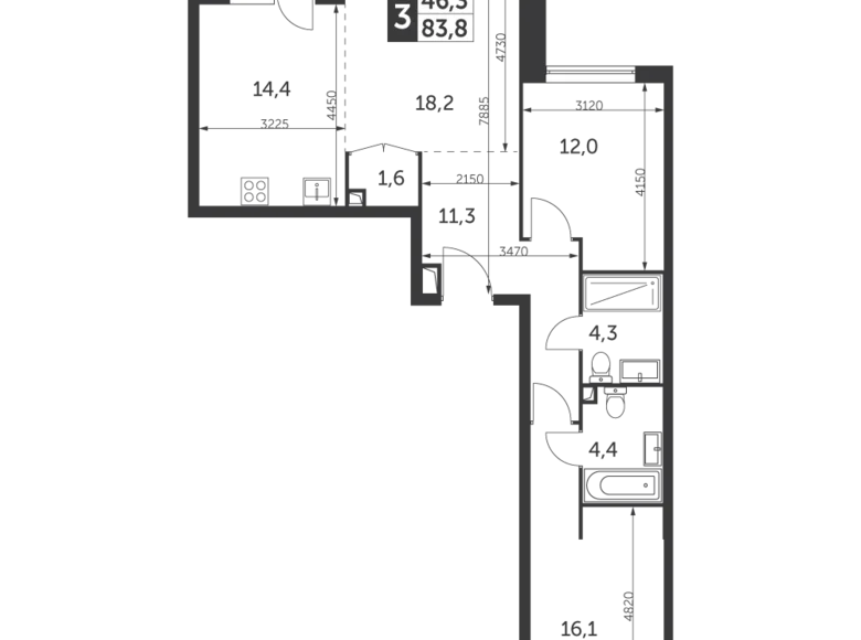 3 room apartment 84 m² Moscow, Russia