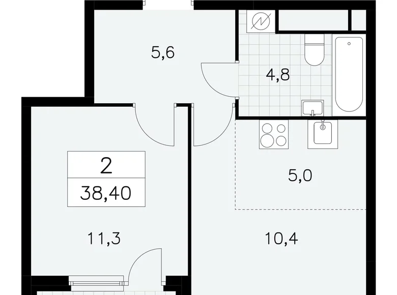 2 room apartment 38 m² Moscow, Russia