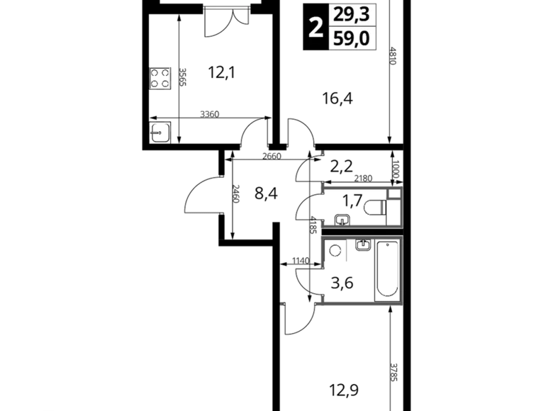 2 room apartment 59 m² Lyubertsy, Russia