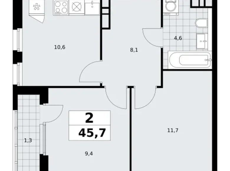 2 room apartment 46 m² Moscow, Russia