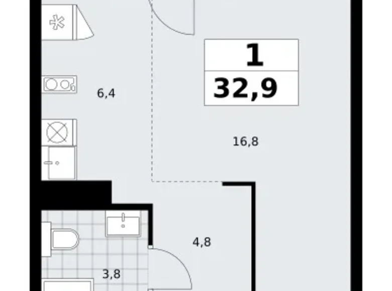1 room apartment 33 m² Troitsk, Russia