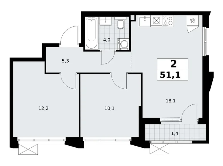 2 room apartment 51 m² Troitsk, Russia