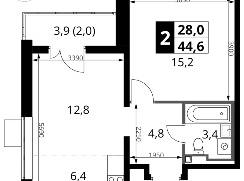 Mieszkanie 2 pokoi 44 m² Sapronovo, Rosja