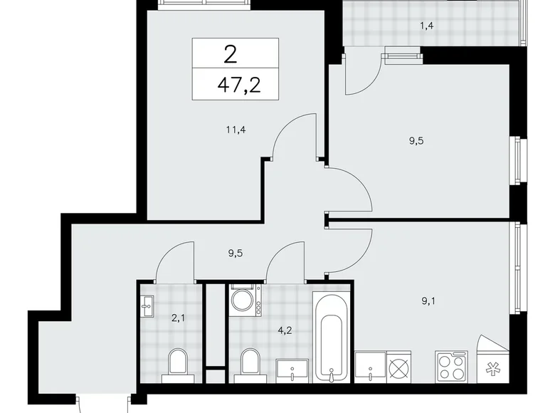 2 room apartment 47 m² Kommunarka, Russia