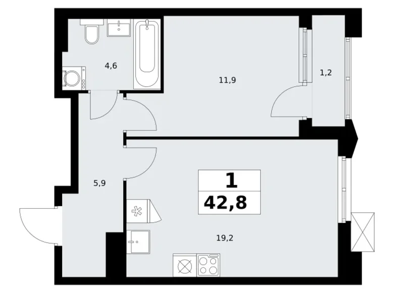 1 room apartment 43 m² Troitsk, Russia