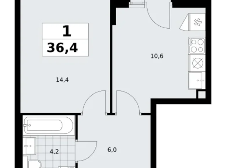 1 room apartment 36 m² Troitsk, Russia