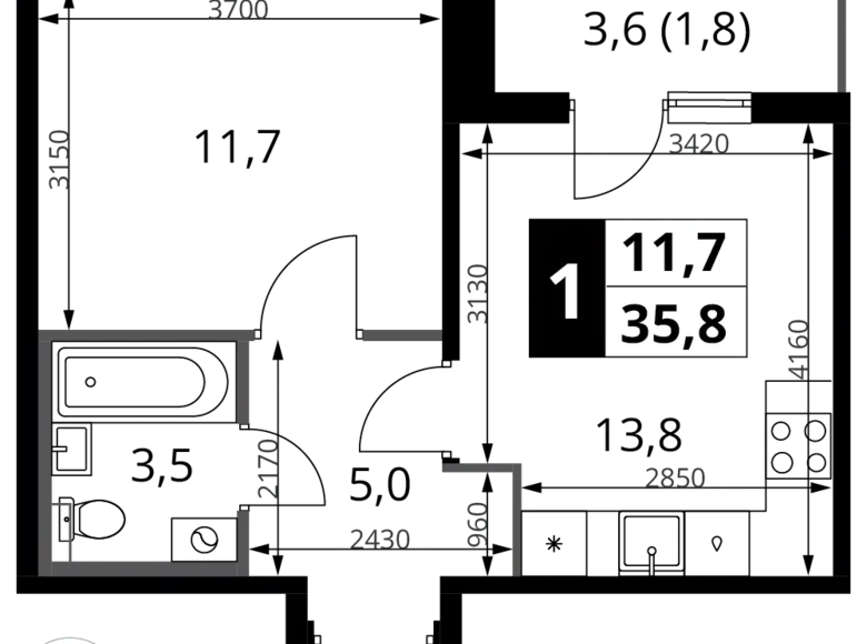 1 room apartment 36 m² Khimki, Russia
