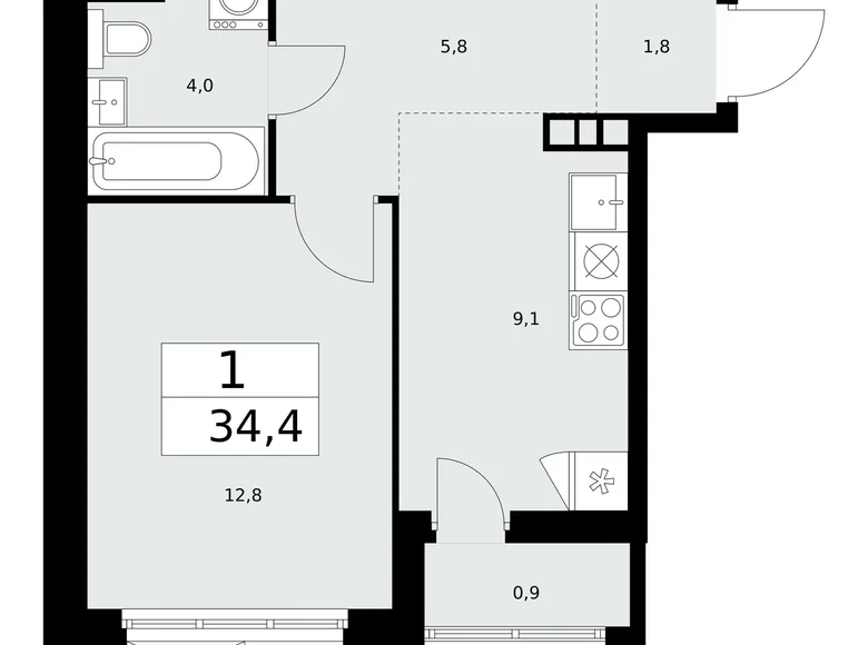 1 room apartment 34 m² Kommunarka, Russia