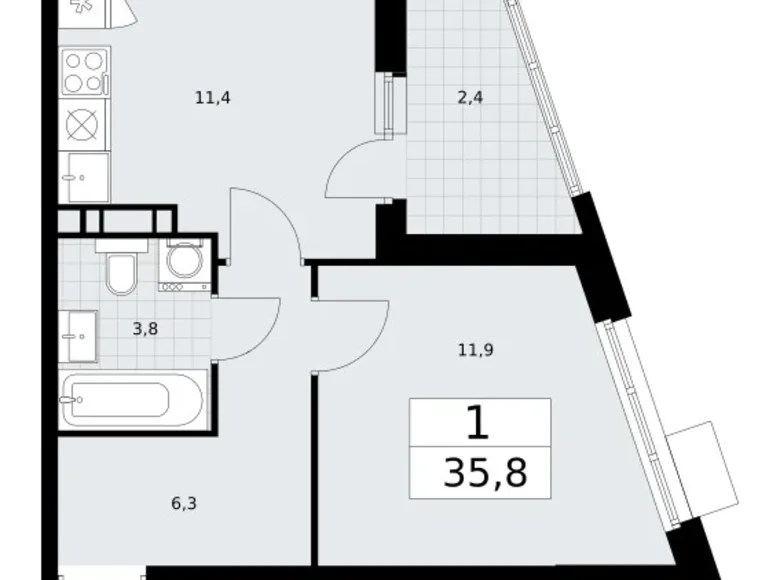 Квартира 1 комната 36 м² район Внуково, Россия