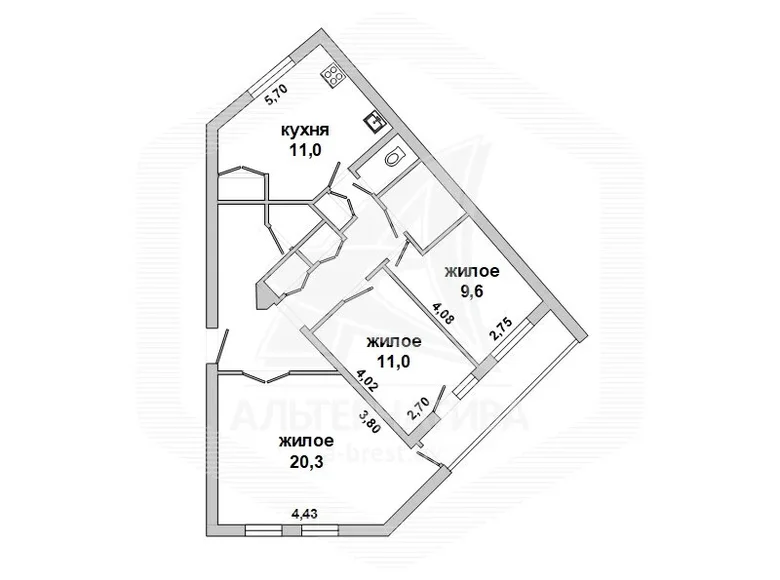 3 room apartment 73 m² Arechauski, Belarus