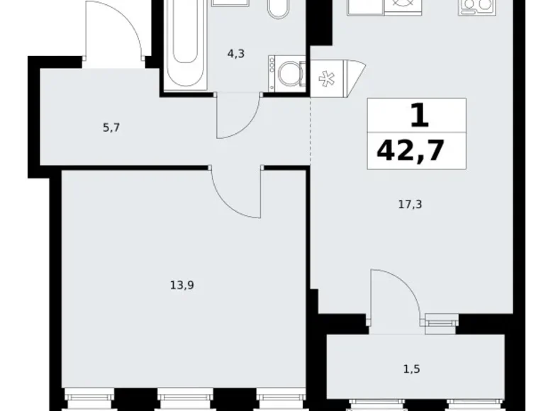 Квартира 1 комната 43 м² район Троицк, Россия