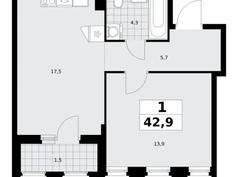 Квартира 1 комната 43 м² район Троицк, Россия